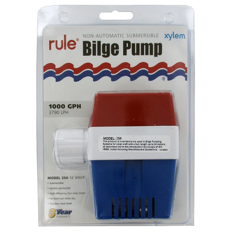 Rule 1000 GPH Non-Automatic Submersible Bilge Pump 20A